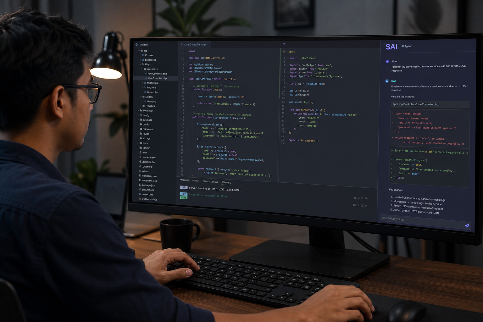 Developer coding with SAI IDE